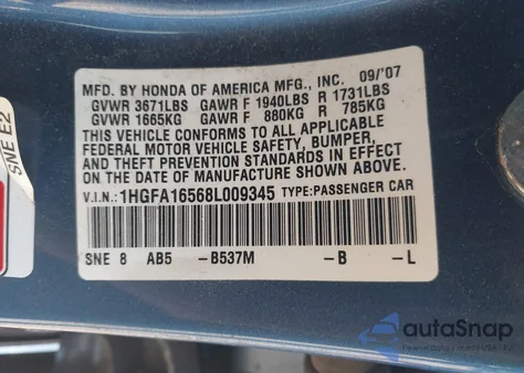 2008 Honda Civic Lx from USA, damaged, VIN 1HGFA16568L009345